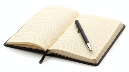 A blank notebook with a black pen on a white background.