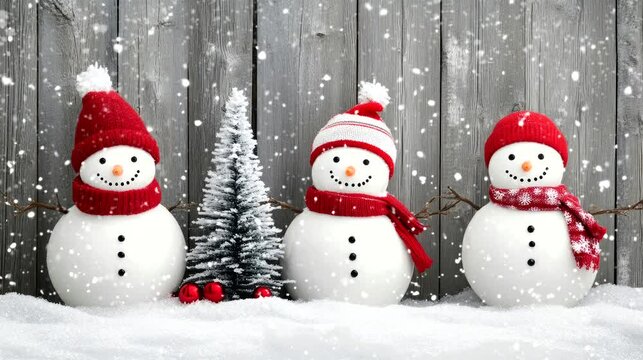 snowmen family with a hat, snowing in front of a grey wooden wall background, with red and white winter decorations. seamless looping time-lapse virtual 4k video animation background	