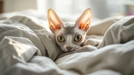 A curious cat peeks out from under soft bedding, showcasing its large eyes.