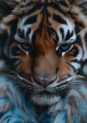 Obraz premium A tiger with a blue eye staring at the camera. The tiger is in a blurry background. The tiger is the main focus of the image