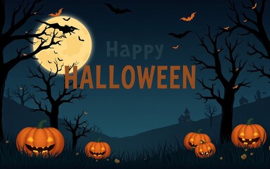 Fototapeta premium A spooky Halloween night with orange pumpkins and a yellow moon, perfect for greeting cards, social media posts, and website banners. 