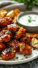 Savory BBQ chicken nuggets with tangy glaze, seasoned potato wedges, and ranch dipping sauce in traditional barbecue style