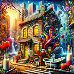 Fototapeta premium A stone house with glowing windows is surrounded by colorful swirls and urban landscapes. Encompassing vibrant nature elements, the scene fuses surrealism with everyday objects. (Gen, A.I.)