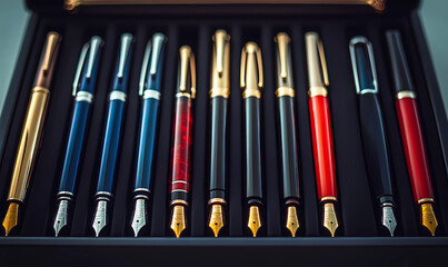Obraz premium Elegant Fountain Pens Arranged Against Twilight Sky Background
