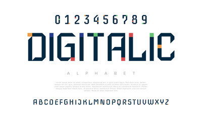 Digitalic creative modern geometric urban alphabet font. Digital abstract futuristic, game, techno, robot, music, logo, sport, minimal technology typography. Simple numeric vector illustration