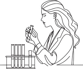Minimalist Line Drawing of Female Scientist Analyzing Formula in Laboratory Tube on White Background
