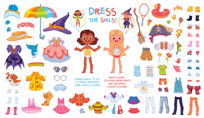 Help girls get dressed. Kid is going to a Halloween party. Child needs some sports clothes. Educational game for children. Colorful cartoon characters. Attention task. Funny cartoon character. Set