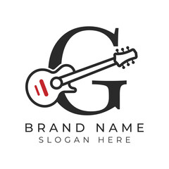 Initial Letter G Guitar icon with Line Art Style for Chord. Alphabet G with Musical instrument logo design