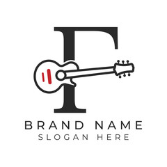 Initial Letter F Guitar icon with Line Art Style for Chord. Alphabet F with Musical instrument logo design