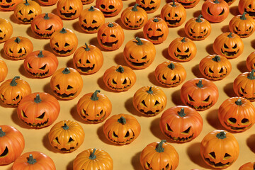3D Background of group of pumpkins with  cut-out faces