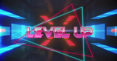 Animation of level up text over colourful neon shapes - Powered by Adobe