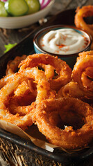 Delectable spicy onion rings with chili seasoning, cool ranch dipping sauce, and pickled vegetables