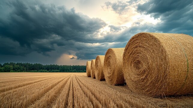 Stacked Hay Bales Under Cloudy Sky Representing Sustainable Farming