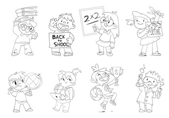 Children at school classes. Back to School. Math, geography, chemistry, drawing, physical education. Black and white cartoon character. Vector illustration. Coloring book. Outline set