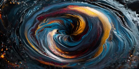 Abstract swirling blue, gold, and black paint with red glitter.