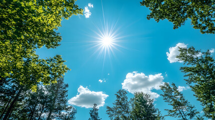 Obraz premium A beautiful sunny summer day with a bright blue sky, glowing sun rays, and lush green trees surrounding the scene, framing the view with scattered clouds.