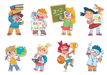 Children at school classes. Back to School. Math, geography, chemistry, drawing, physical education. Template for design. Funny cartoon characters. Vector illustration. Isolated on white background