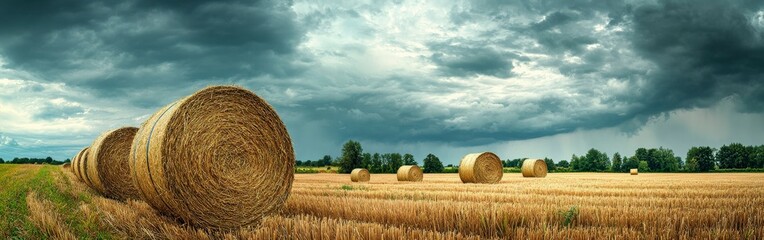 Stacked Hay Bales Under Cloudy Sky Representing Sustainable Farming