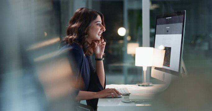 Computer, night and woman with smile, screen and inspiration for journalist in office and overtime. Dark, display and employee with information, bokeh and happy for story, reporter and business