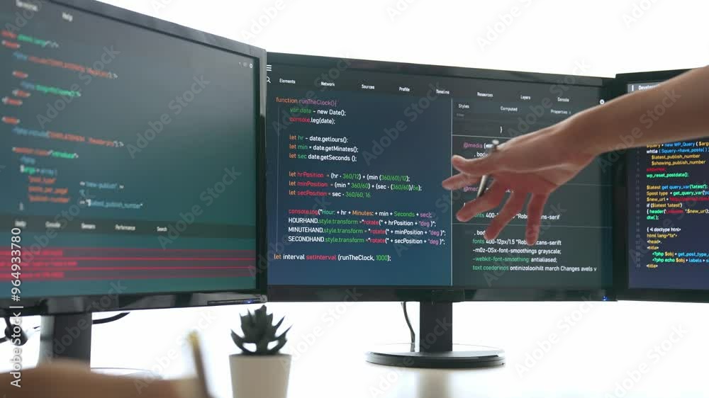 Wall mural slow motion back end software developer engineer for computer programming working together on debugg