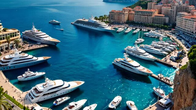 Aerial view of Monaco's iconic harbor. Crystal-clear turquoise waters dotted with luxurious yachts. Belle &Eacute;poque architecture lines the cliffs. 