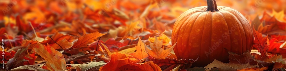 Sticker Pumpkin Among Autumn Leaves for Halloween