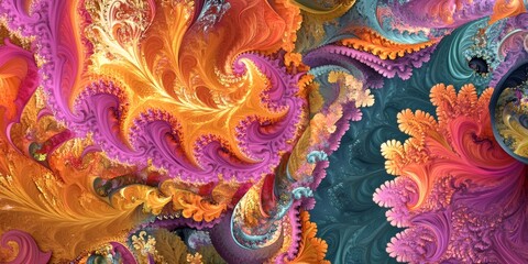 Abstract swirling, fluid, and organic shapes in shades of orange, pink, teal, and purple.