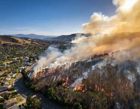 Large forest fire near residential area with high flames and rolling hills in the foreground.