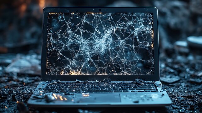 A broken laptop with a cracked screen lies on a charred surface.