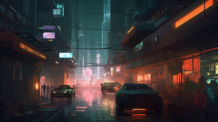A sprawling futuristic metropolis at night, bathed in the glow of neon yellow lights that cast sharp shadows across the sleek buildings, the city is alive with energy as crowds move through 
