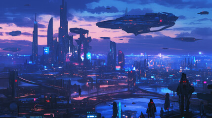 A futuristic cityscape at night, the buildings rise like monoliths against a deep blue sky, their surfaces reflecting the bright neon lights below, the streets are filled with people and 
