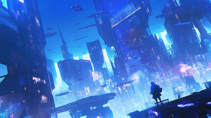 A futuristic cityscape at night, the buildings rise like monoliths against a deep blue sky, their surfaces reflecting the bright neon lights below, the streets are filled with people and 