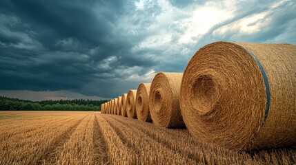 Stacked Hay Bales Under Cloudy Sky Representing Sustainable Farming