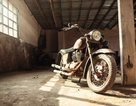 Old motorcycle inside a barn covered with dust.