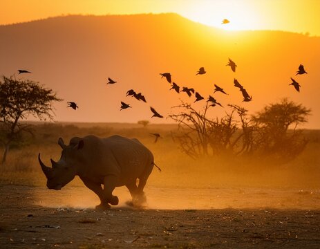 Rhino running in African plain with birds in the air at sunset.