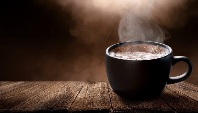A black cup of frothy hot chocolate resting on a wooden plank with visible texture, steam ri 