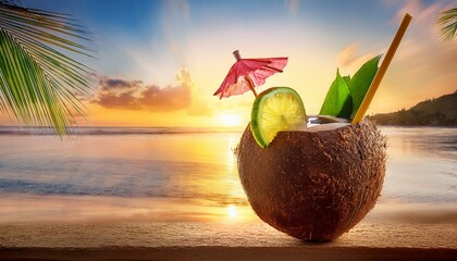  A coconut filled with a tropical rum punch, adorned with a small cocktail umbrella and a sli