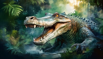 Obraz premium A crocodile stepping out from the shadows of a dense jungle, its powerful jaws slightly open