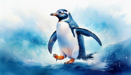 Obraz premium A happy, waddling penguin with its wings slightly spread. The background is a soft, icy blue 