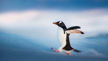 A happy, waddling penguin with its wings slightly spread. The background is a soft, icy blue 