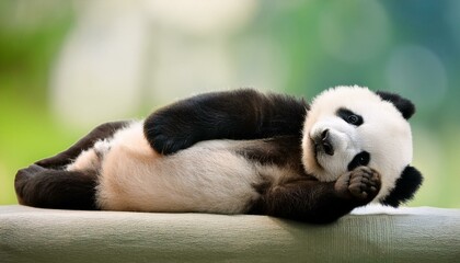 Fototapeta premium A round, cuddly panda bear lying on its back with one paw resting on its belly. The backgrou