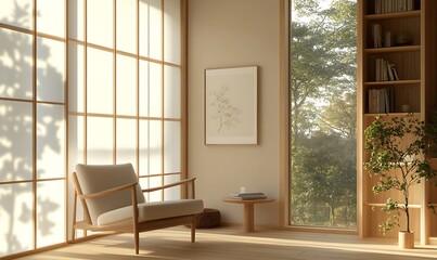 Fototapeta premium Cozy Modern Room with Japanese Scandinavian Style, Light Wood Flooring, and Large Windows Framing Nature