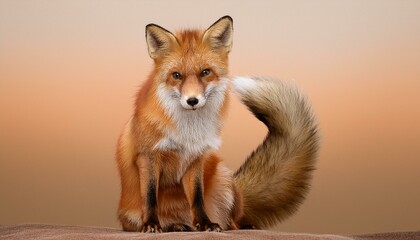 Fototapeta premium A sleek, orange fox sitting upright, its tail curled around its paws, with large, alert eyes