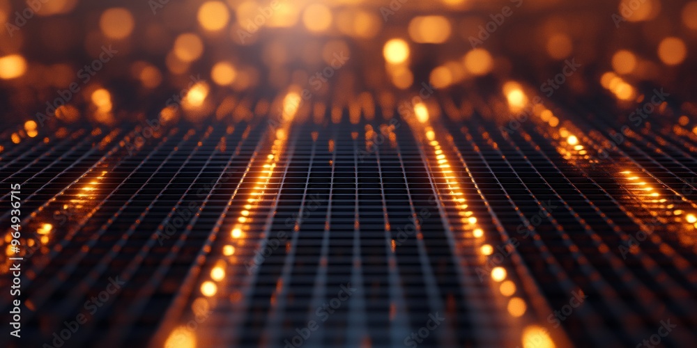 Wall mural close up of a dark grid pattern with blurred orange bokeh lights in the background.