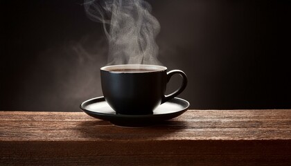 Side view of a steaming black coffee cup, placed at the edge of a dark wooden plank, the bac 