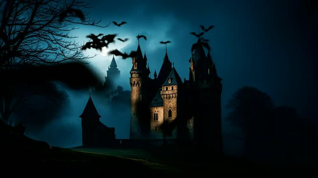 A moonlit castle stands tall against a dark, brooding sky. The moon, partially veiled by clouds, casts an eerie glow on the ancient structure. Bats swoop through the night, 