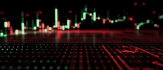 Red and Green Candlestick Chart with Black Background. Stock Market Charts. Trading Charts. Stock Grid on the Screen, 3D Render, Illustration.
