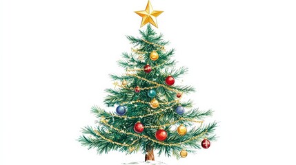 Fototapeta premium Festive Christmas Tree with Colorful Ornaments on White Background