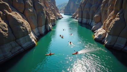 A breathtaking aerial view of kayakers exploring a narrow river surrounded by towering cliffs, perfect for adventure tourism and nature-themed projects.