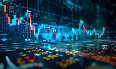 Stock Market Chart Displaying Candlestick and Line Graphs on Dark Blue Background with Icons Indicating Financial Services and AI Technology.